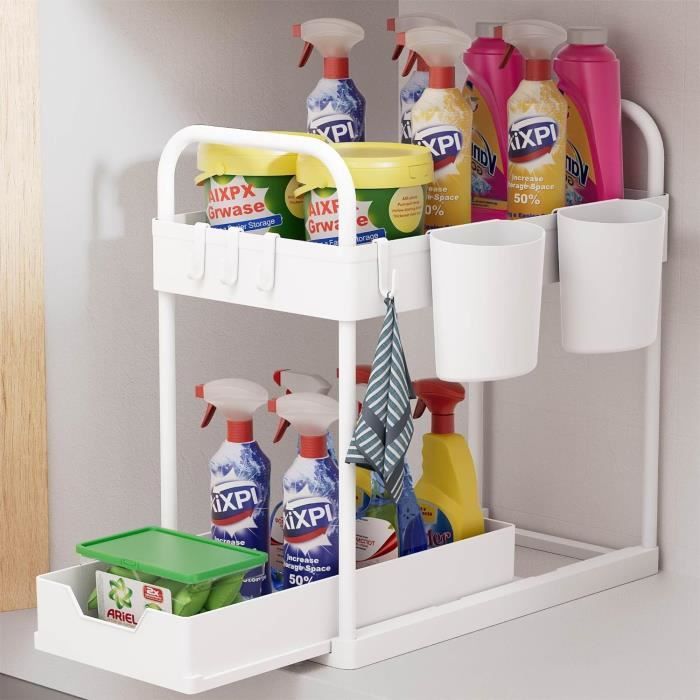 Rangement sous évier - Organisateur - 2 Niveaux - Blanc - Plastique - Économisez de lespace