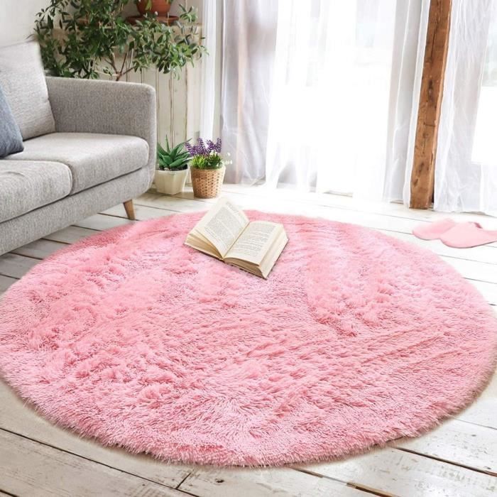 Tapis - LECOO - Ronde - Shaggy - 140x140cm - Anti-dérapant - Rose