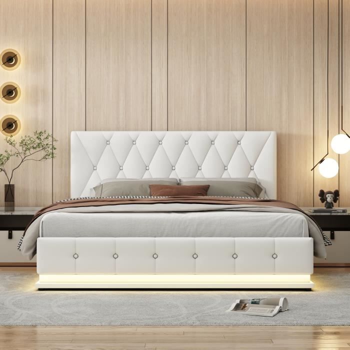 lit rembourré avec éclairage led - 140 x 200 cm - espace de rangement et coffre de lit hydraulique - en simili cuir - blanc