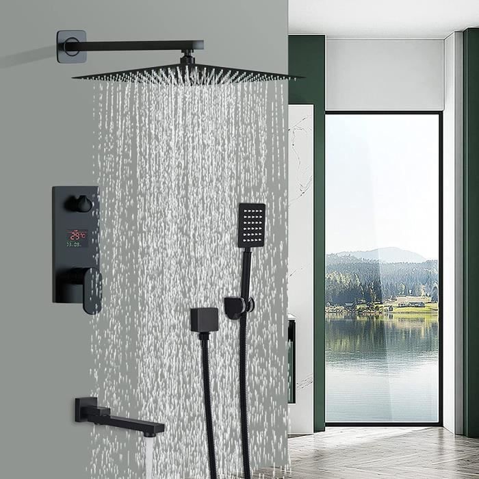 AJWColonne Douche Encastrable Noirs avec Tête de Douche 20x20cm