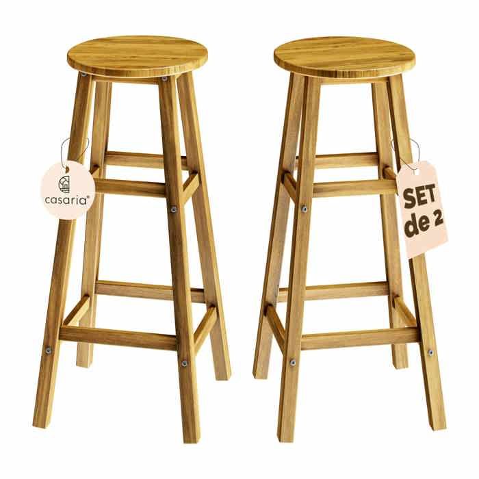 CASARIA® 2x Tabourets de bar chaises hautes bois dacacia assise ronde avec repose-pieds hauteur 75 cm style rustique