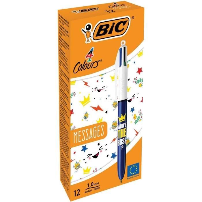 12 Stylos BIC 4 Couleurs Sun - Encres Rose, Violet, Orange, Jaune, Pointe 1.0mm, Boîte
