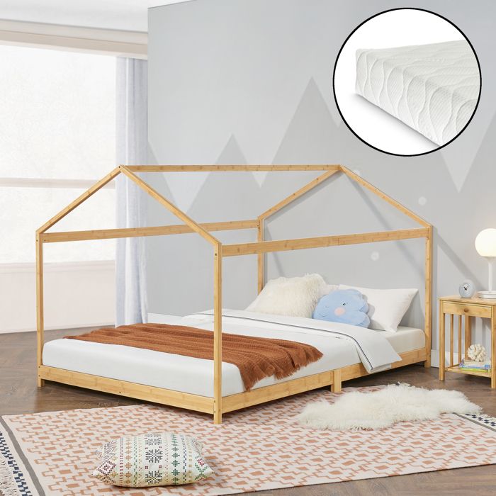 Lit cabane Vindafjord pour enfant 120 x 200 cm avec matelas sommier à lattes bambou naturel [en.casa]