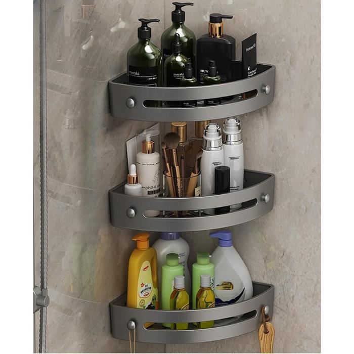 etagère de douche d'angle sans perçage en plastique, 2 crochets pour douche support, antirouille de salle de bains 3 pièces (gris)