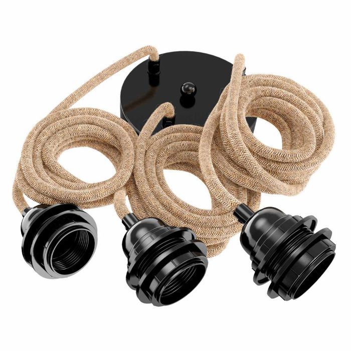Suspension Hang luminaire 3 cordes - Chanvre ficelle douilles noires Suspension Hang luminaire 3 cordes - Chanvre ficelle douilles noires