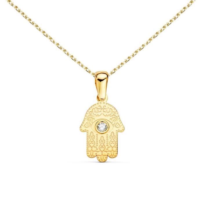 LATELIER DAZUR - Pendentif Main de Fatma Jaune - Or 18 Carats 750/000 - Zirconium - Chaine Dorée Offerte