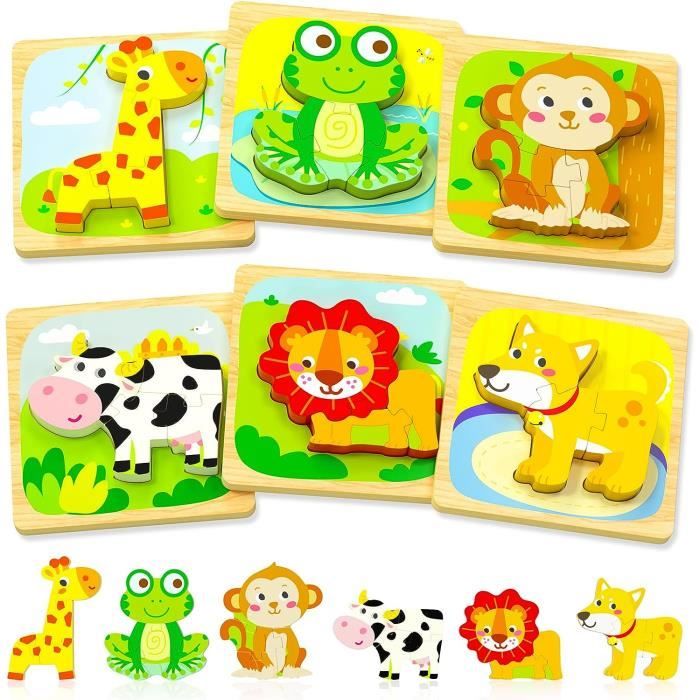 6 Pcs Puzzle en Bois Enfant, Jouet Montessori Animaux pour 2 3 4 Ans ...