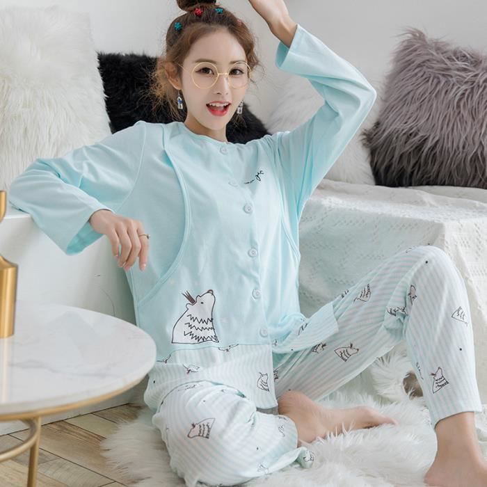 Pyjama femme long,Pyjama en coton pour femmes, vêtements de maison