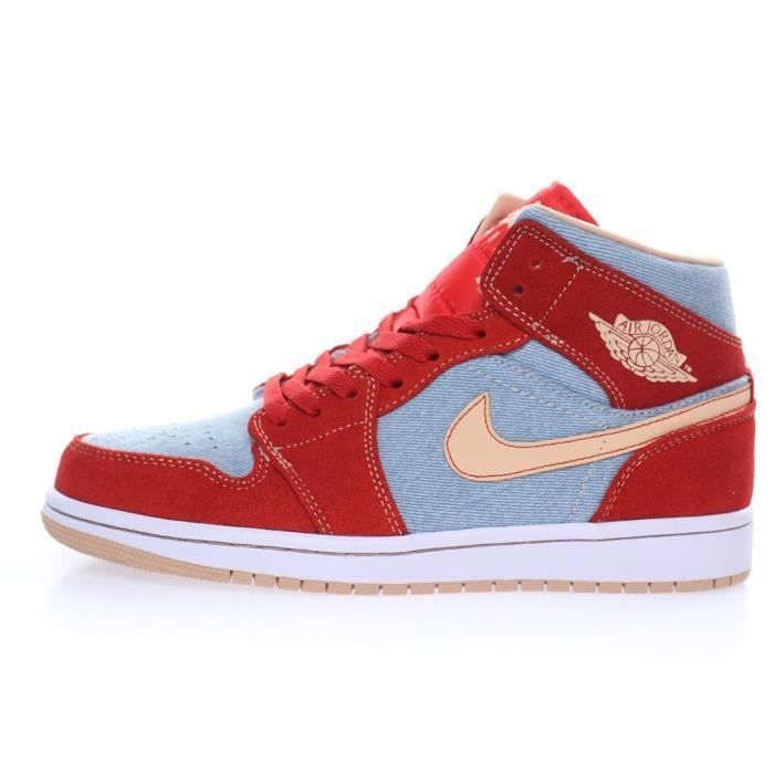 Basket AirJordan 1 Mid Denim Femme et Homme Rouge Cdiscount Chaussures