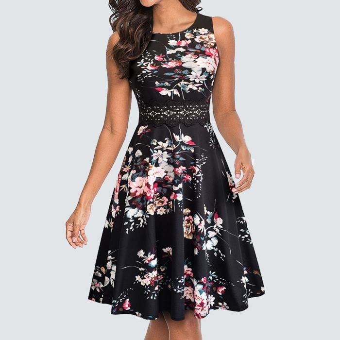 Robe Femme - ESBlk - Trap?�ze - Dentelle florale - Col rond - Sans manches Blk_and_white_floral 