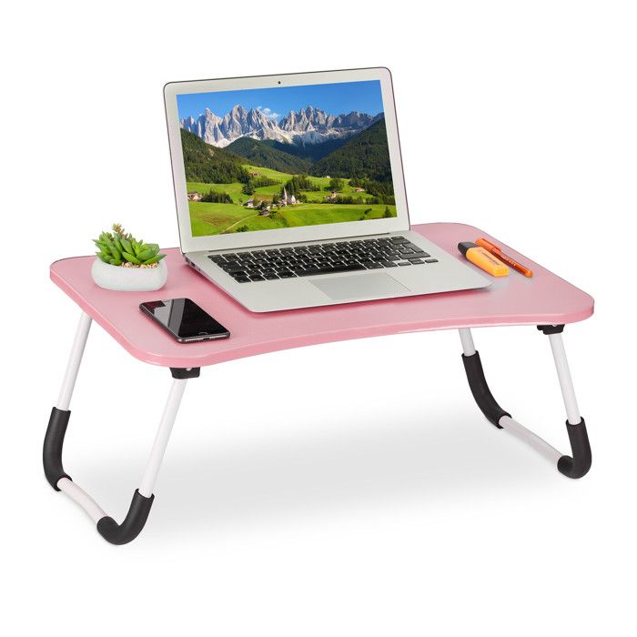 Relaxdays Table de lit tablette canapé HxLxP : 26x63x40 cm support pliable pour ordinateur portable MDF et fer rose