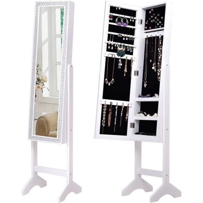 Armoire à Bijoux Murale RELAX4LIFE Avec Miroir Pleine Longueur - 3 Étages, 25 Crochets, Velours - Blanc 31,5x110 Cm