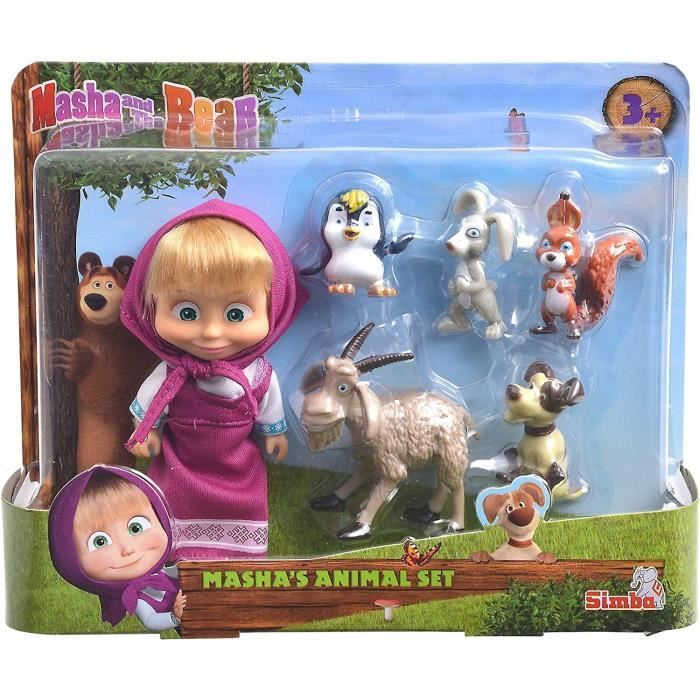 Coffret Masha et Michka poupee Masha et ses 5 amis animaux Set Masha Avec Chevre Chien Lapin ecureuil 1 Carte