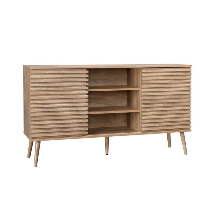 Buffet scandinave décor bois avec 2 portes coulissantes rainurées et 4 étagères. buffet bas. L 140 Buffet scandinave décor bois avec 2 portes coulissantes rainurées et 4 étagères. buffet bas. L 140