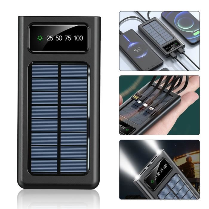 Batterie Externe Solaire 20000mAh – 4 Panneaux, Charge Rapide QC4.0, 3 Lampes LED, Pour Outdoor