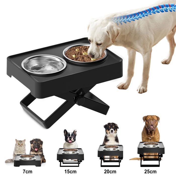 Comparer les prix de Gamelles double Chat Chien - 2 gamelles en acier inoxydable - gamelles relevables pour animaux de compagnie - noir