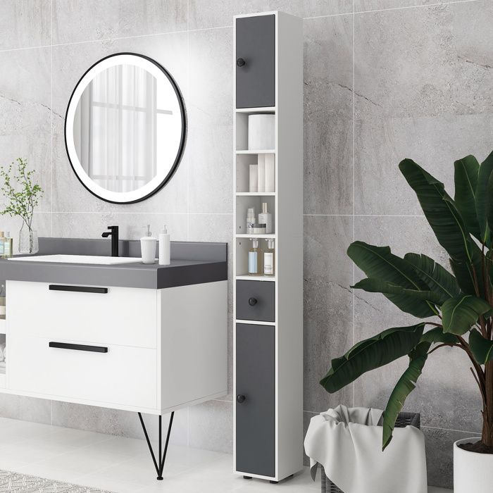 Kleankin Colonne Salle De Bain Étroite 180 Cm – Armoire Haute 4 Étagères Réglables, 1 Tiroir, 2 Placards – Blanc Moderne