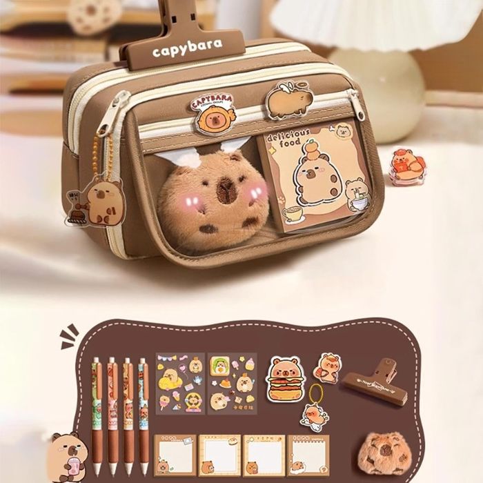 Trousse Capybara Juvanovo 8 Pièces - Fournitures Scolaires Kawaii - Avec Peluche, Pins Et Stylos - Multifonction