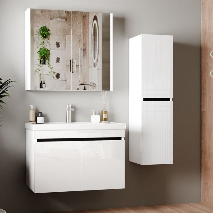 Ensemble Meuble Salle De Bain VBChome 50x40x56 Cm - Lavabo Céramique + Armoire Suspendue 2 Tiroirs, Blanc Brillant - 10