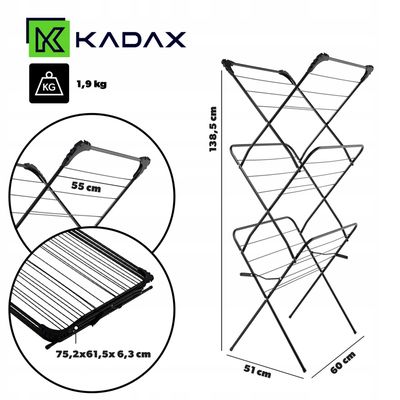 Séchoir Tour Kadax Séchoir à Linge Tour KADAX - 15m Surface Séchage - 3 Niveaux - Acier Noir Antidérapant - Charge 10kg Séchoir 3 Niveaux - 2