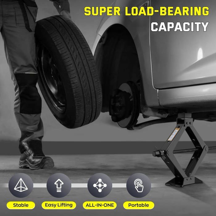 Cric Voiture 3 Tonnes Portable – Crique à Ciseaux Avec 2 Patins Caoutchouc Anti-Rayures + Clé à Écrous, Idéal SUV & Berlines