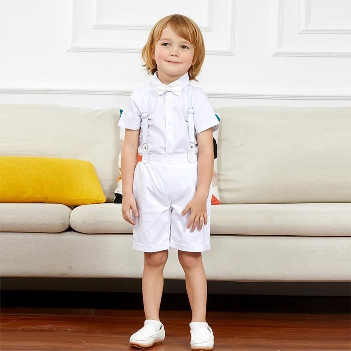 Vêtement Bebe Garçon Baptême Ensemble Enfant Printemps et été Tenue Fete  Ceremonie Chemises Haut et shorts Blanc 3 à 18 Mois