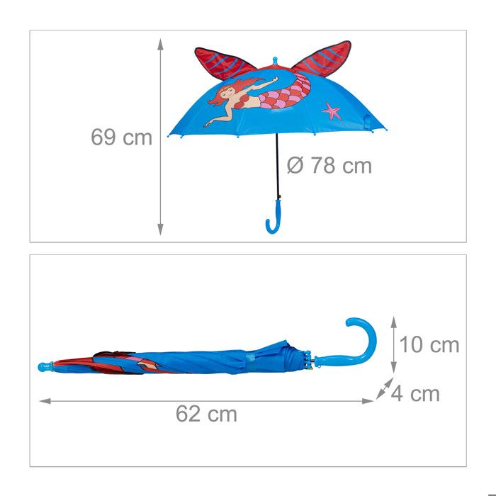 Relaxdays Parapluie enfant, motif sirène 3D, protection anti-pluie, diamètre 78 cm, poignée canne, bleu/rouge