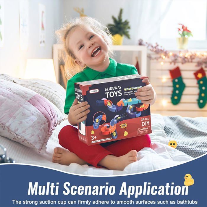 xolear 34 Pièces Jouets de Bain Toboggan à Canard, Jouet de Bain à Circuit | DIY Jouets de Baignoire Murale avec Ventouses, Jeux Educatif pour Garçons et Filles 3 Ans