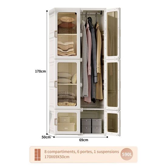 CXHLXYR Armoire de Chambre 69x50x136cm, Armoire de Placard Portable avec 6 Porte et 5 Compartiment 1 Tige Meuble Rangement Chambre et Armoires Penderie Chambres, Pliable avec Bar (Blanc, 69x50x136
