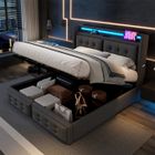 AMAKUS Lit 160x200 avec Sommier et LED - Lit 2 Personnes Coffre de Rangement - Cadre de Lit King Size - Prise USB C - Coton Lin - Gris