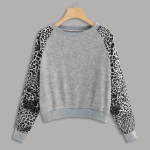Haut Imprimer Mode gris O Block Cour Leopard Patchwork Femmes Sweat shirt Neck Color TKFc3l1J