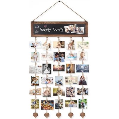 Cadre Photo Suspendu Avec Corde De Chanvre - 25 Pinces En Bois - Décoration Murale Boho - Dimensions Environ 100x90 Cm