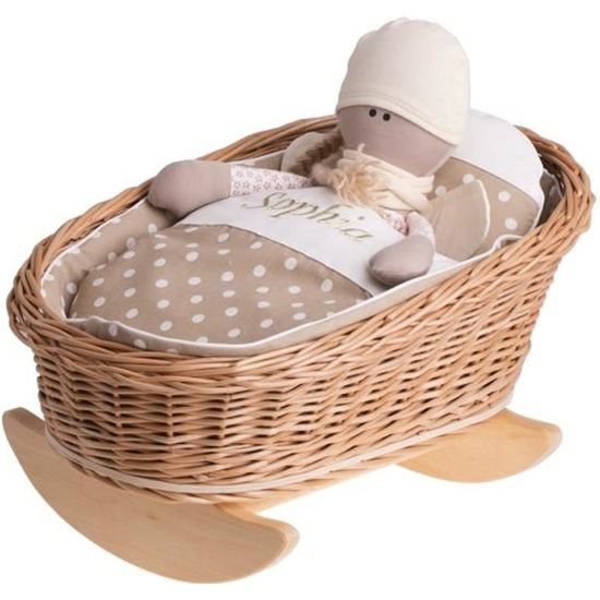 Lit De Poupée En Osier Avec Matelas - Berceau à Bascule Naturel - Pour Poupons Jusqu'à 40cm - Rose