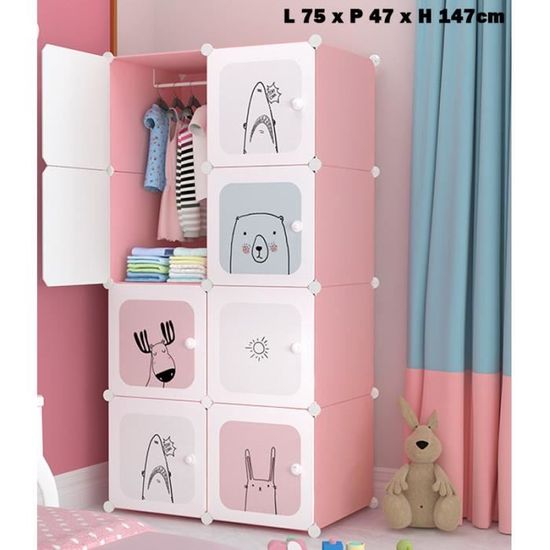 Armoire Penderie Rose Meuble plastique Rangement Enfant avec Motifs d