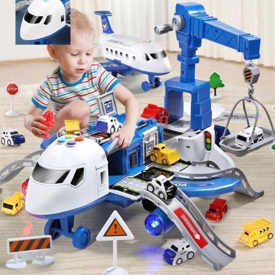 JAWSEU Avion Jouet Transporteur De Voitures, Avec Lumières Et Sons Réels, Avion à Nertie Avec Jeu éducatif Pour Véhicules, Jeu Pour Avion Et Voiture De Transport Cadeau Pour Enfant Garçon Fille