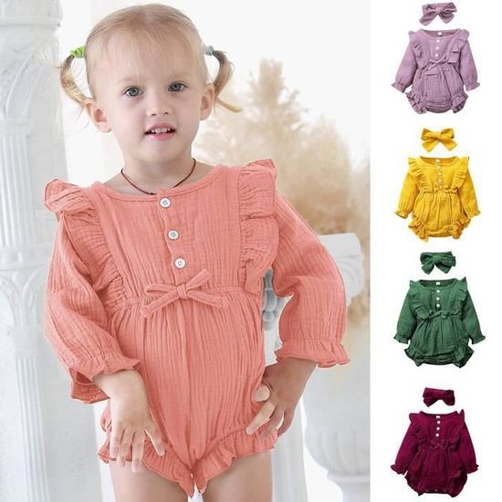 Barboteuse Bébé Fille été 100% Coton - Manches Volant, Motif Papillons Et Fleurs, Avec Bandeau - Taille 0-3 à 12-18 Mois