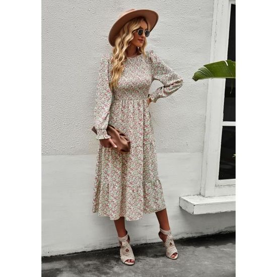 Vintage Floral Art Print V cou élégant Chic lâche à manches longues robe Midi