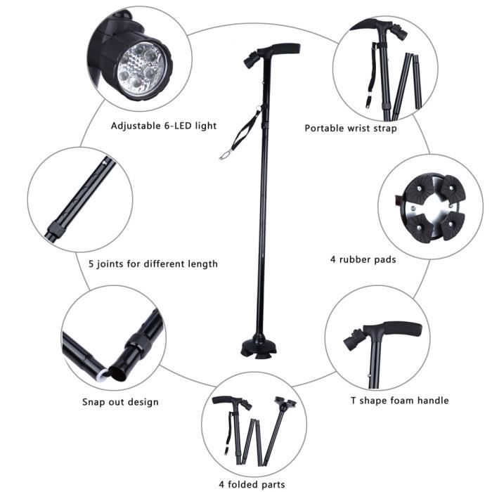 En alliage d'aluminium pliant Bâton réglable Canne Trekking Canne Réglable avec 6 LED