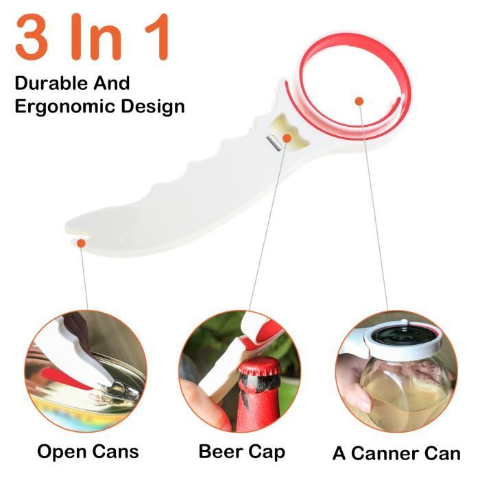 Senzeal 3 en 1 Ouvre-boîte ouvre-bocal décapsuleur ouvre bière multifonctionnel canette, rose