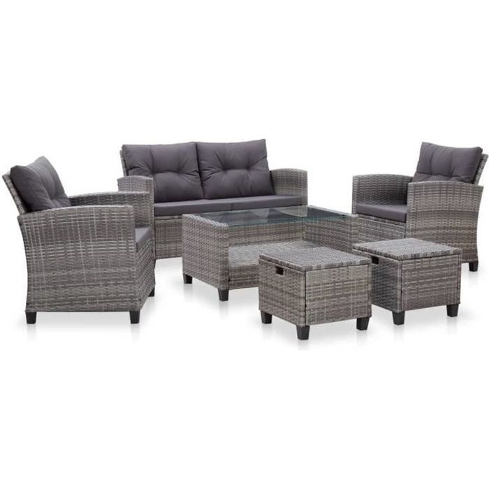 Salon de jardin 6 pcs avec coussins Résine tressée Gris foncé Poids:59,5