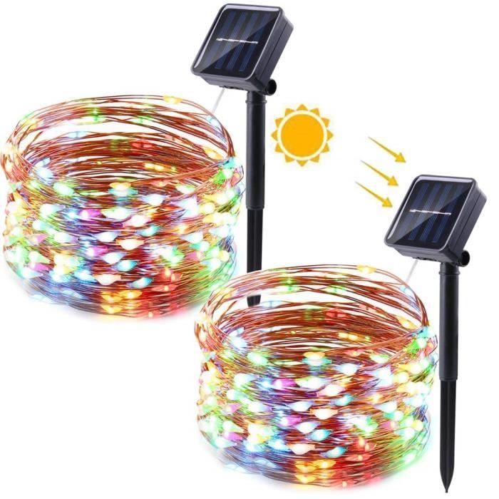 Qedertek Lot de 2 Guirlande Solaire Extérieure en Fil Cuivre 12M 100 LED Guirlande Lumineuse Solaire Multicolore pour Jardin, Terras