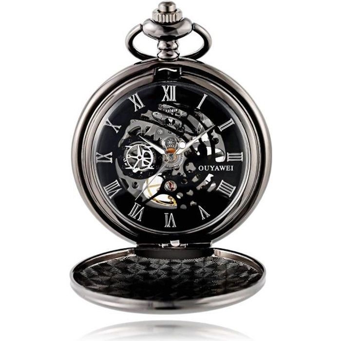 Montre gousset mécanique pour homme Chaîne amovible Cadran à squelette Remontage manuel