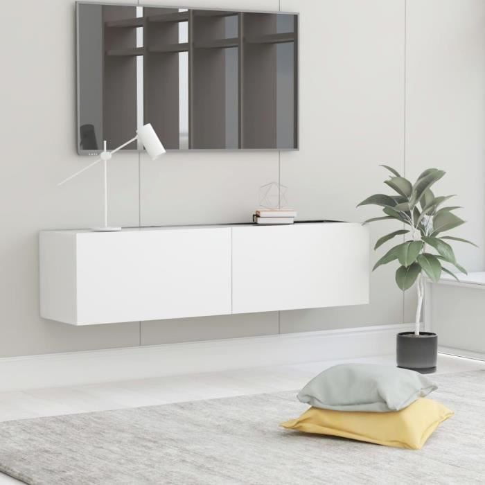 Meuble TV Mural Design Tendance Contemporain - Avec 2 Portes Abattantes - Blanc Aggloméré - 120x30x30 cm