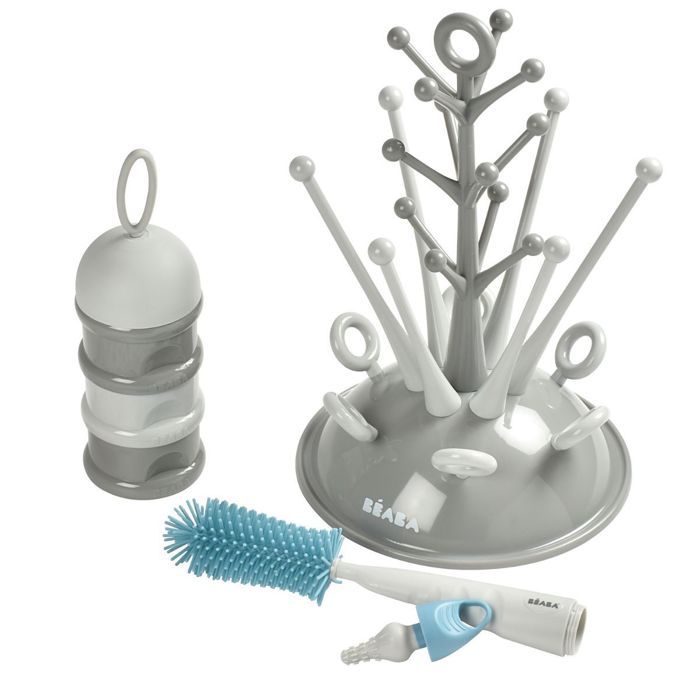 BEABA, Coffret naissance, Egoutte biberon arbre grey + Boite doseuses light/dark mist + Goupillon silicone + Bavoir coton tropical