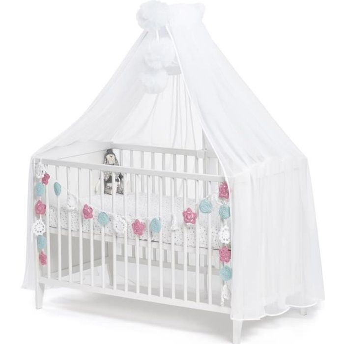 Callyna ® - Ciel de lit bébé moustiquaire voile Blanc grande taille. Pompon Blanc