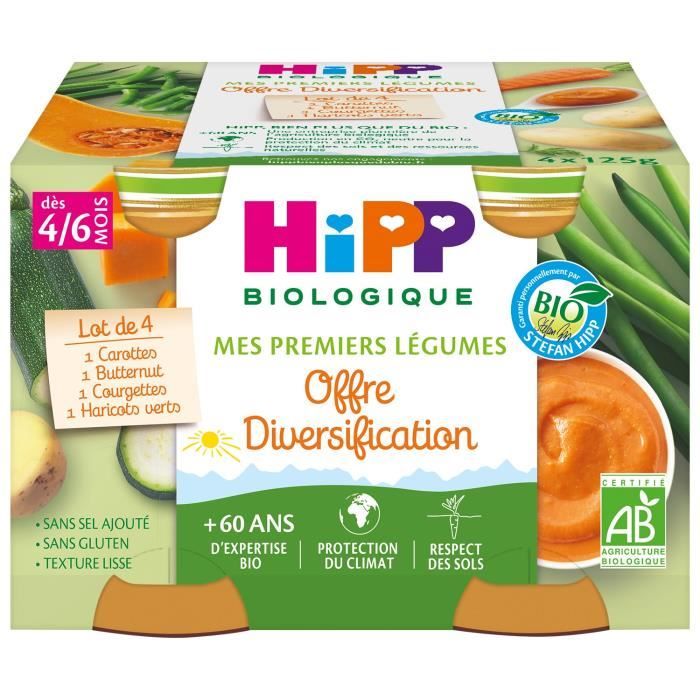 Hipp Bio Mes Premiers Légumes Pot Carottes Haricots Verts Courgettes Potiron +4m 4 x 125g