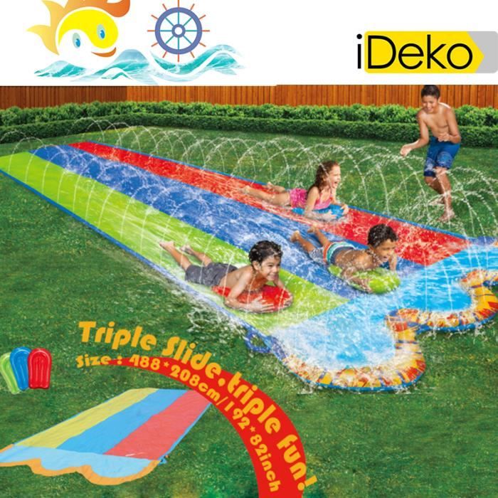 iDeko®Tapis de Glisse triple Toboggan Eau Piscine pour 3 personnes - jeu eau plein air - Avec aire de lancement