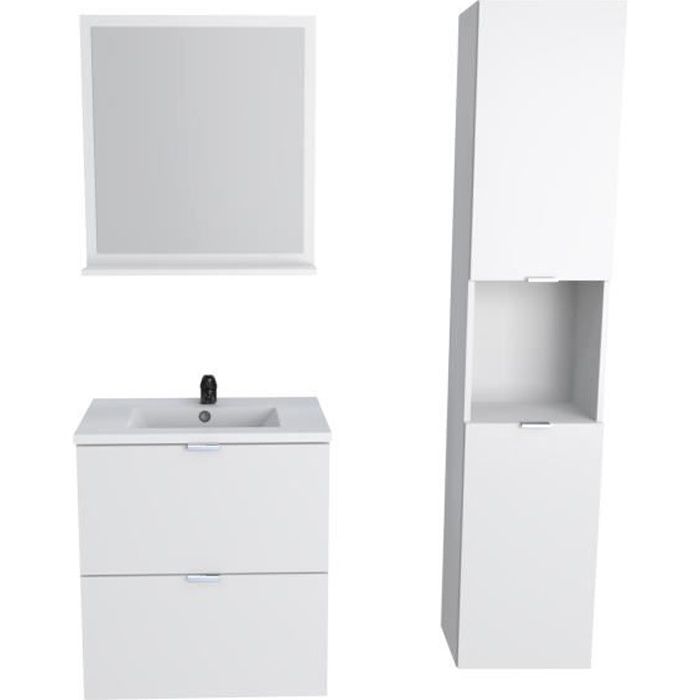 Meuble sous vasque MALAGA 60 cm + vasque + miroir + colonne / Blanc