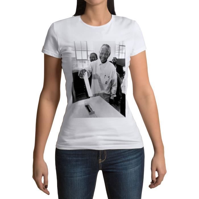 T-shirt Femme Col Rond Nelson Mandela Premier Vote Militant Droits Humains Afrique du Sud