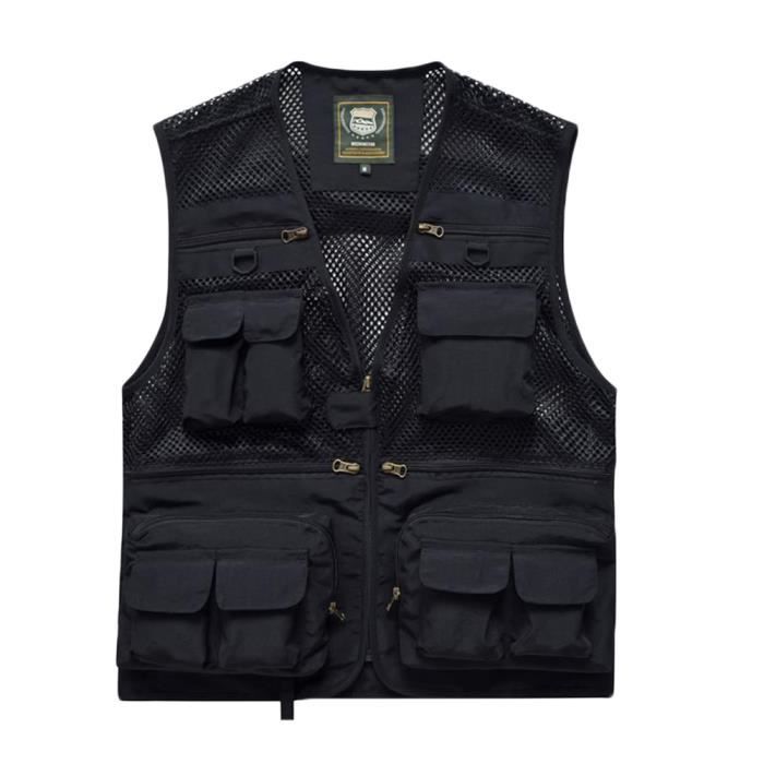 Gilet de Pêche en Maille Homme Multi-Poches Gilet de Sport Gilet Journaliste Respirant pour Photographe Randonnée Camping Noir